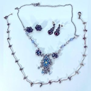 4 Pcs 3 Marcasite 1 Necklace 2 Pr Earrings Sterling Silver Amethyst & Garnet +